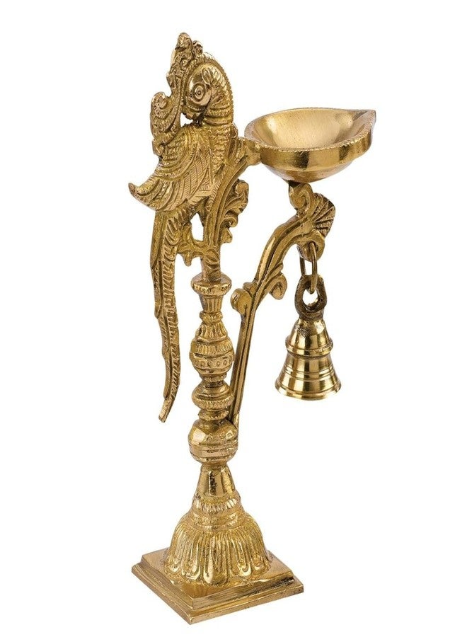 DEVDECOR Brass Peacock Decorative Diya with Traditional Bell Antique Deepak Design, Table Decor with Stand, Home Diwali Gift, Temple Pooja, Gold Colour (20X12.5X8cm) | 687 gram - Image 1